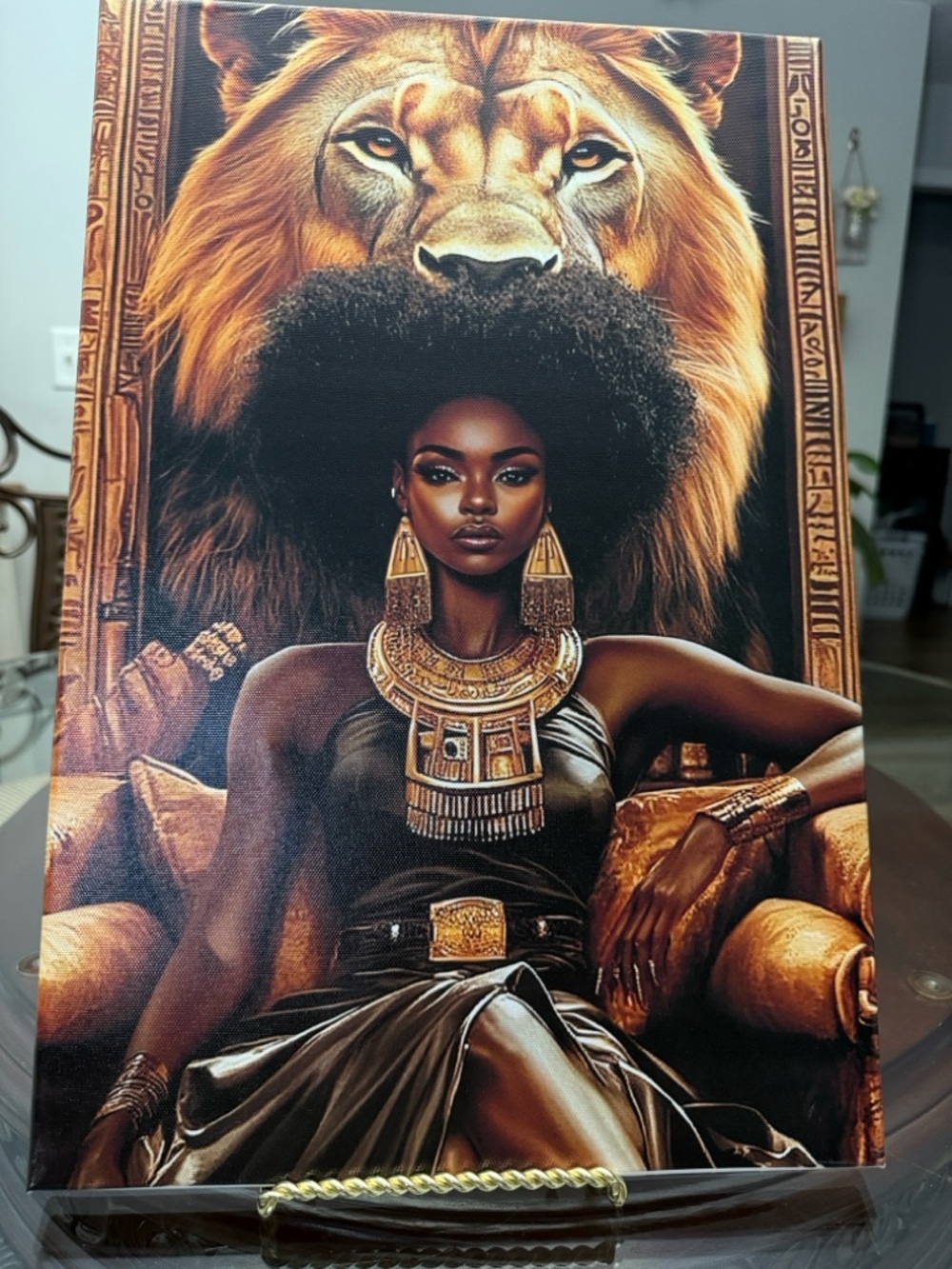 Regal Queen and Lion Canvas Wall Art - Black and Gold
